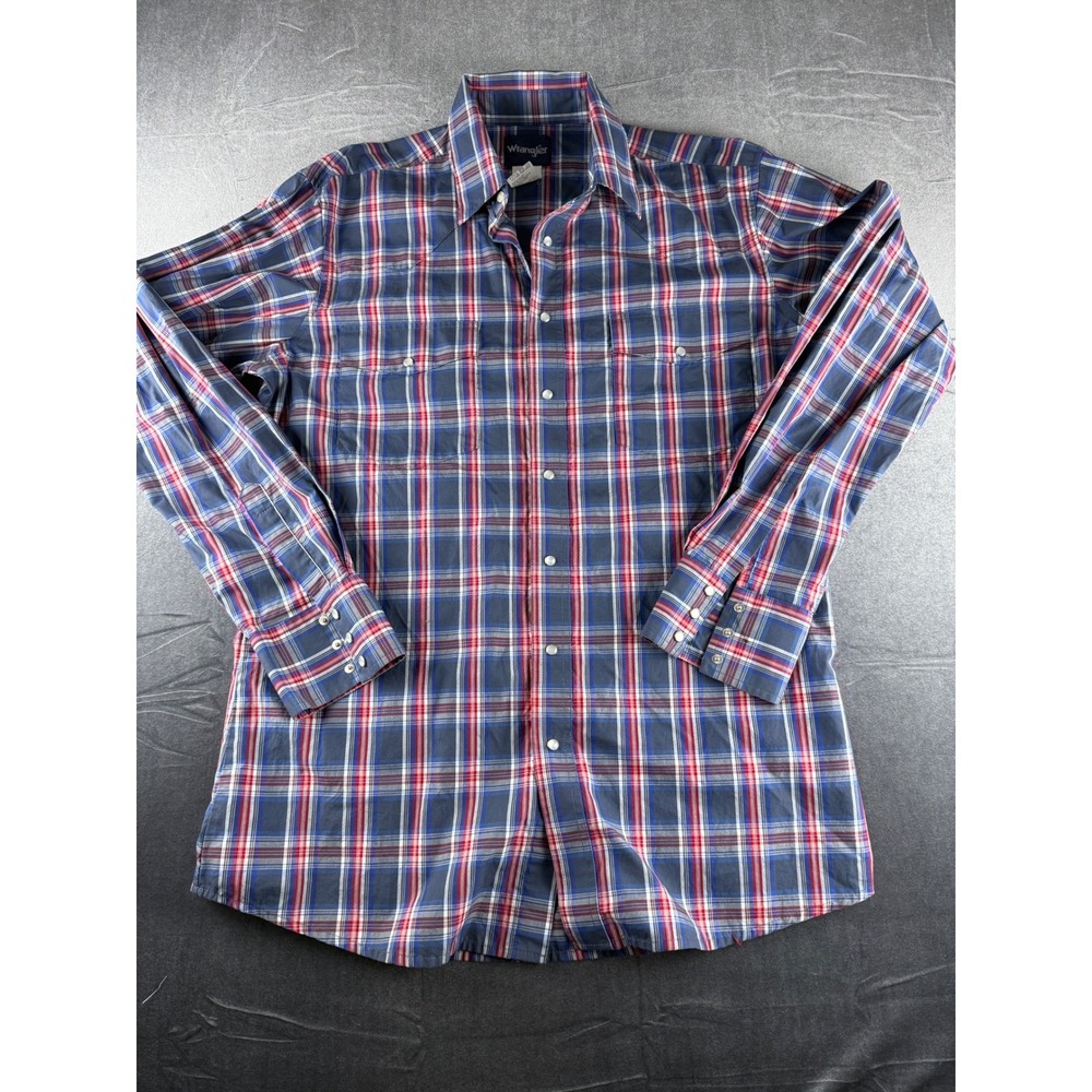 Wrangler Western Shirt Mens 2XL Blue Red Plaid Pearl Snap Cowboy Long Sleeve